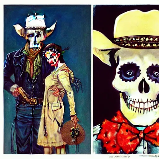 Prompt: in the style Norman Rockwell and Joshua Middleton, mila kunis, skull paint, dia de Los muertos, trenchcoat, day of the dead, full body, smiling, cowboy hat