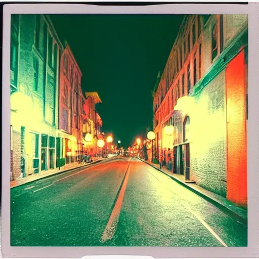 Prompt: colorful instant photograph of the middle of the street at night, polaroid, light leak, raw, nostalgic