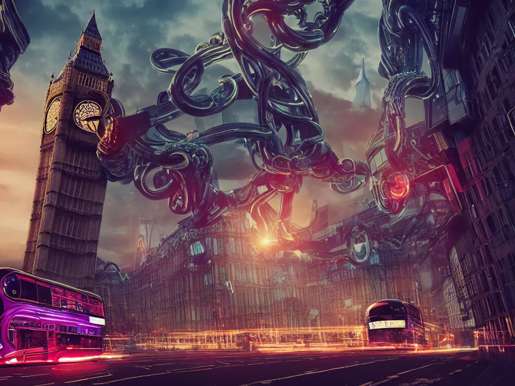 Prompt: an ancient beautiful cyborg with glowing eyes in the city of London, a cyborg with tentacles from it's head, part machine, westminster in background, london bus, colourful, dramatic lighting, golden hour, very detailed octane render very realistic beautiful