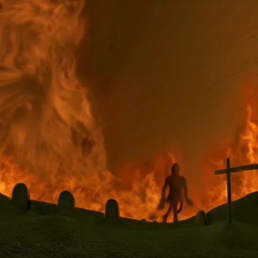 Image similar to horrifying 3d render of a homunculi with human features charging down a hill of a burning small town a white wooden church is in the distance, bloody, by wes craven, 35mm film stock