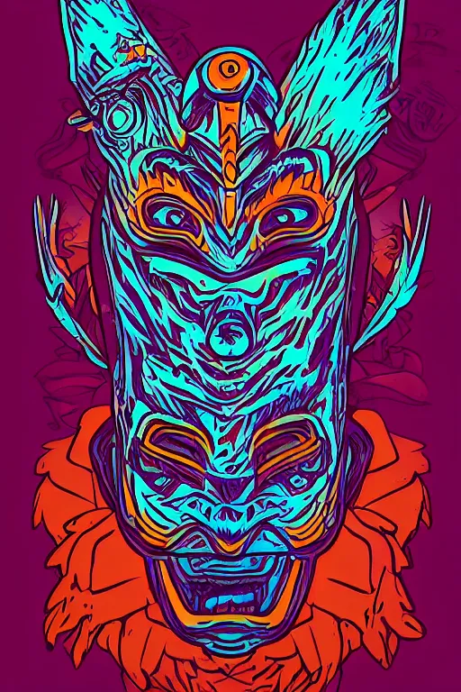 Image similar to totem animal mask tribal feather gemstone plant wood rock shaman vodoo video game vector cutout illustration vivid color borderlands comics by josan gonzales and dan mumford radiating a glowing aura