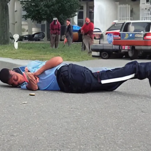 Prompt: cop shooting big bottle of water, man lying on ground