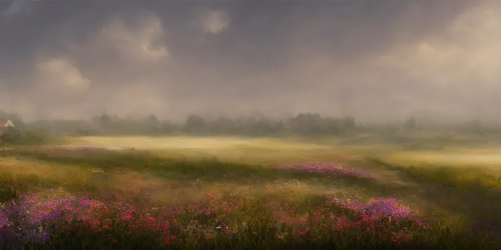 Image similar to a matte painting of a european prairie, cottages, foggy, patchy flowers, oil painting, pale colors, high detail, 8 k, wide angle, trending on artstation,