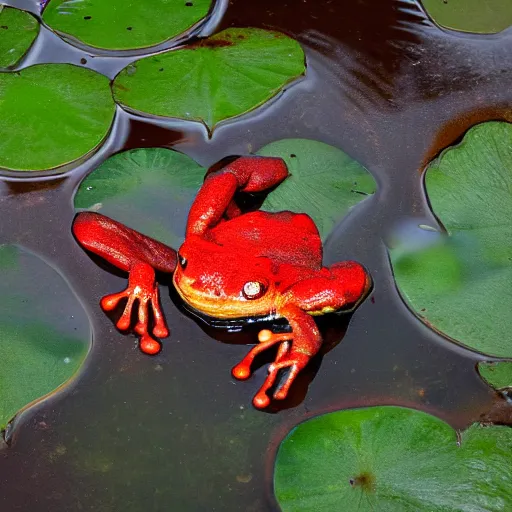 Image similar to photograph of a red frog on a lily pad in a swamp