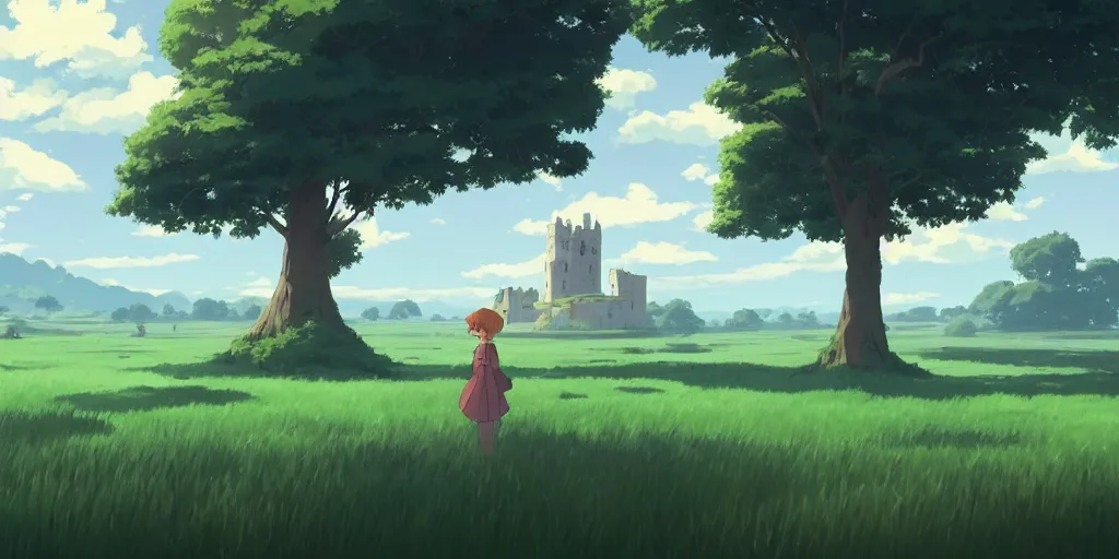 Prompt: a stylized 2 d cinematic keyframe of a serene field with a glasss castle, joy gaze, cel - shaded, classical animation, edge - to - edge print, rendered by studio ghibli, artgerm, alyssa monks, andreas rocha, david kassan, neil blevins, rule of thirds, golden ratio, ambient lighting, art