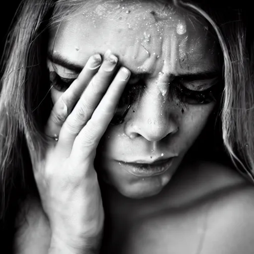 Prompt: 50mm award winning photo of a woman crying diamond tears, beautiful photography, cinematic, close up,