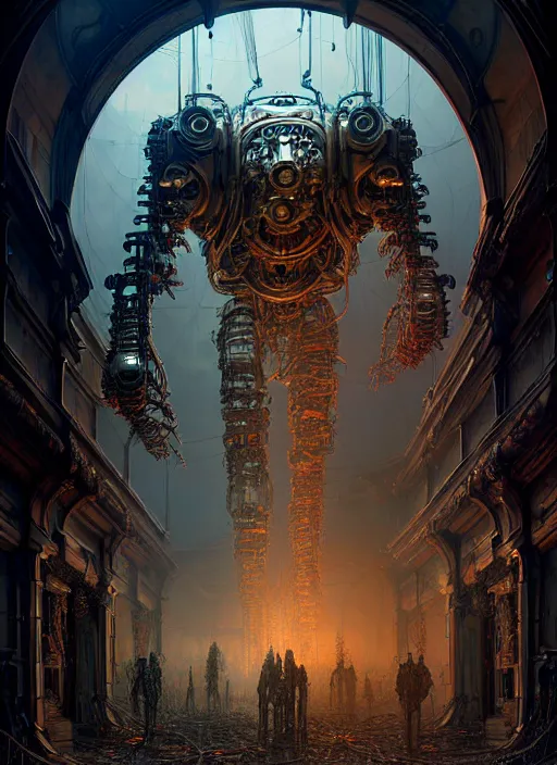 Image similar to A photorealistic 3d render of a robot monster cyborg made of circuits wide view shot by ellen jewett , tomasz alen kopera and Justin Gerard symmetrical features, ominous, magical realism, texture, intricate, ornate, royally decorated, android format, windows, many doors, roofs, complete house , whirling smoke, embers, red adornments, red torn fabric, radiant colors, fantasy, trending on artstation, volumetric lighting, micro details, 3d sculpture, ray tracing, 8k