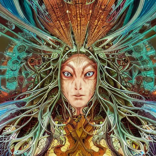 Prompt: ultra detailed scifi design of the the shaman king in a generative 3D style, fungal, mycelium, intricate concept art, triadic color scheme, by alphonse mucha and Mandelbrot, octane render, 4k, Human Body breaking away, Conjuring Psychedelic Illustration, part by Shintaro Kago, part by Alex Gray, ultra realistic, highly detailed, 8k, symmetry, grotesque, vibrant, a very detailed oil painting of a psychedelic bioluminescent wizard-shaman-creature in a misty rainforest with alien bioluminescent plants at dawn, hyperdetailed