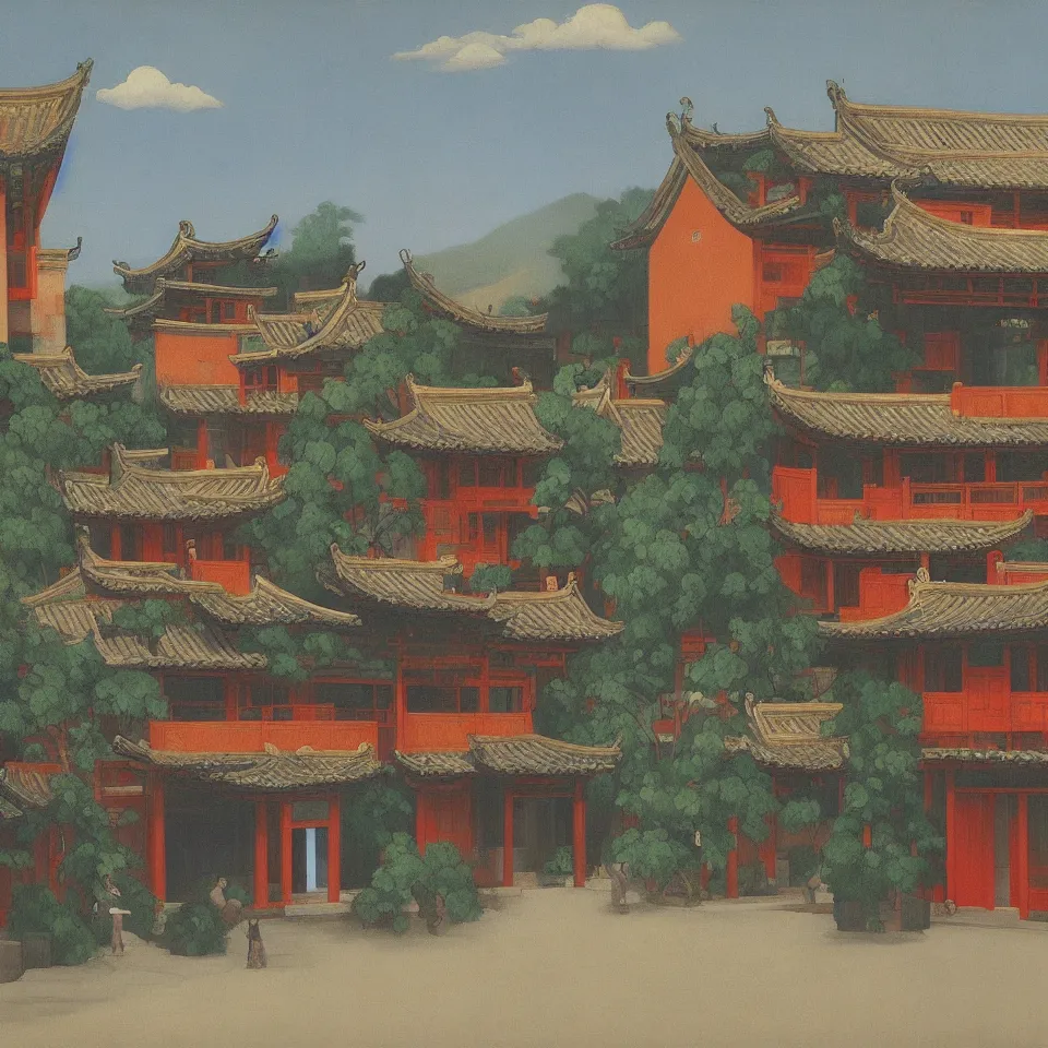 Prompt: a painting of hongcun ancient village houses by edward hopper and nicolas party