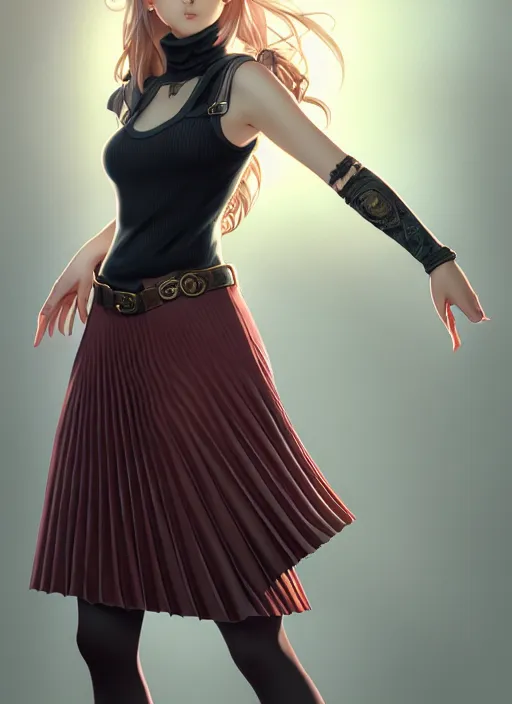 Image similar to portrait of a full body of beautiful young female detective, d & d, sleeveless turtleneck, pleated skirt, fantasy, flat lighting, intricate, highly detailed, digital painting, artstation, concept art, smooth, sharp focus, illustration, misa amane, art by simon bisley and greg rutkowski and alphonse mucha, natural tpose