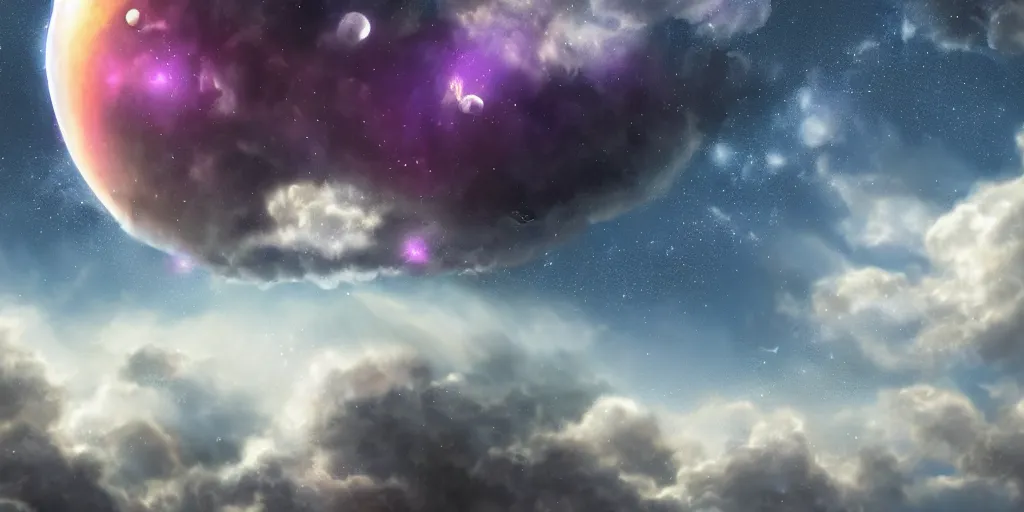 Prompt: Cosmic inflation bubbles peaking through the clouds clouds, concept art, matte painting, 8k, highly detailed, artstation, fluffy clouds, high quality,