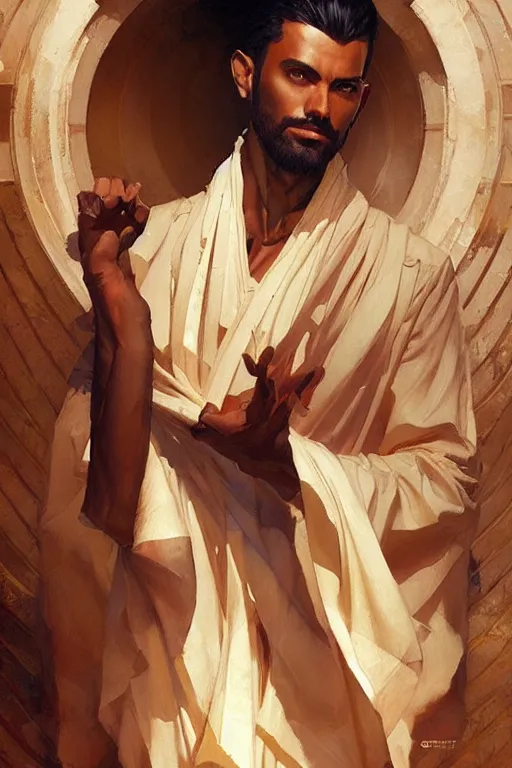 Image similar to male, temple, taoism, painting by greg rutkowski, j. c. leyendecker, artgerm