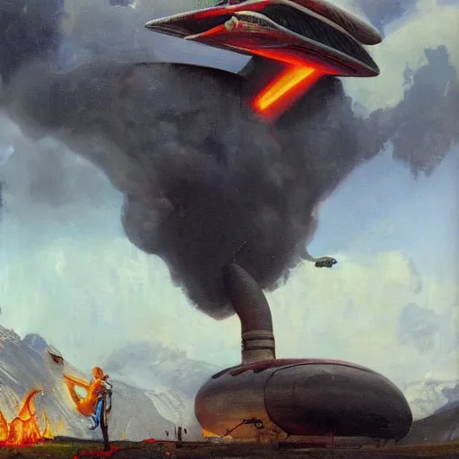 Image similar to a swiss spaceship stuck in the ground, the spaceship is on fire, smoke, rainstorm, lightning, angry, kinetic, john sargent, adolphe bouguereaum, norman rockwell, style by peter deligdisch, trending on artstation, highly detailed oil painting,