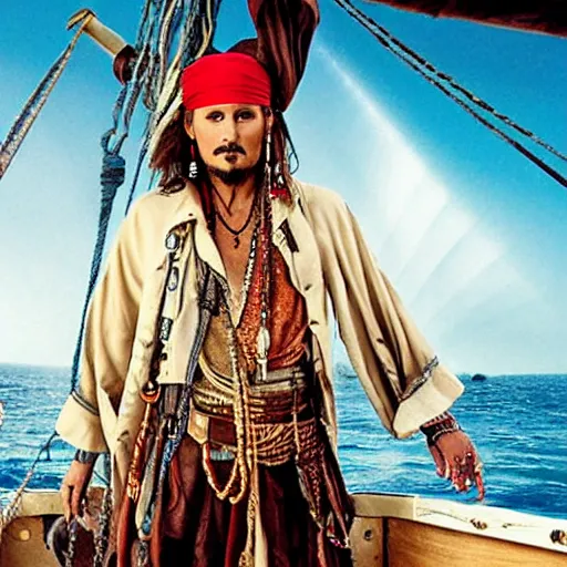 Prompt: jhonny Depp as an Arab pirate sailing the seven seas, God rays