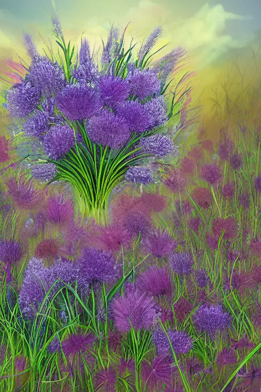 Image similar to beautiful digital matter cinematic painting of whimsical botanical illustration of thistles and bluebells, whimsical scene bygreg rutkowki artstation