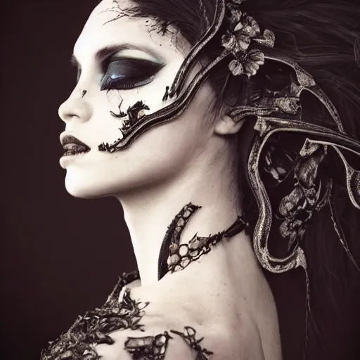 Image similar to a portrait of female model by stefan geselle and nekro borja, photorealistic, intricate details, hyper realistic, dark fantasy, ornate headpiece, dark beauty, photorealistic, canon r 3, photography, wide shot, glamour pose, surrealism