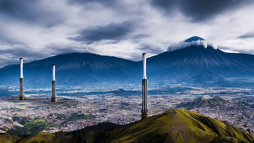 Image similar to Epic Nuclear power towers gracefully over the mountain valley of Quito, Ecuador; by Oswaldo Moncayo and Vincent Callebaut; Location: Quito Ecuador 4K, 8K; Ultra-Realistic Depth Shading