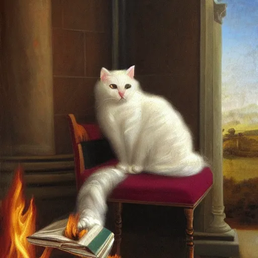 Image similar to baroque painting of a white fluffy cat reading in a chair by the fire. Renaissance oil on canvas 4k