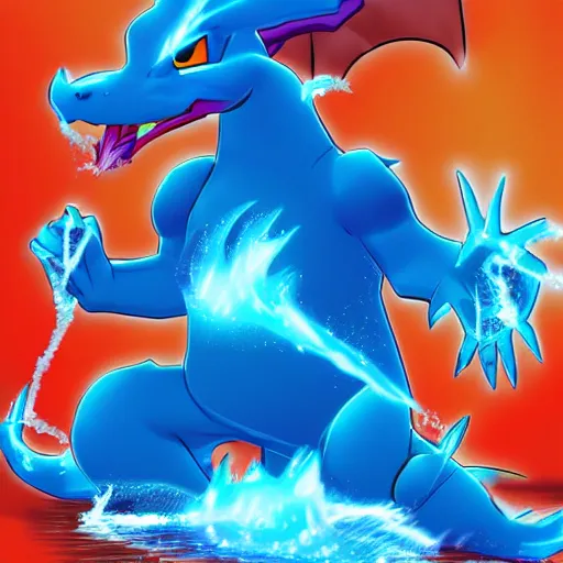 Prompt: a blue Charizard with water powers, digital art, realistic,ocean background