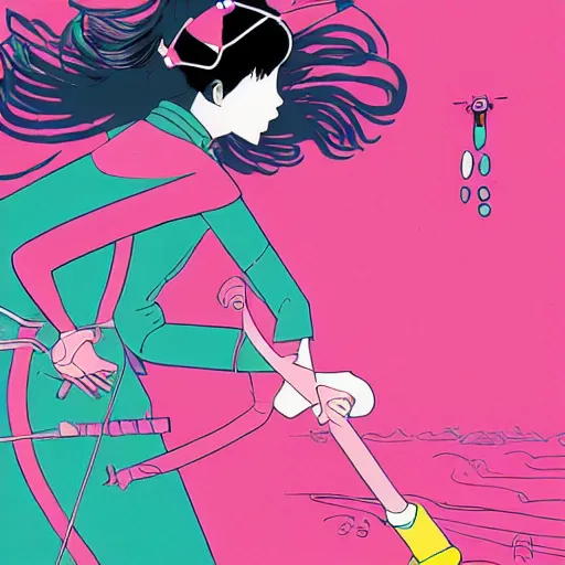 Image similar to a woman named yoshimi battles pink robots, illustrated, detailed