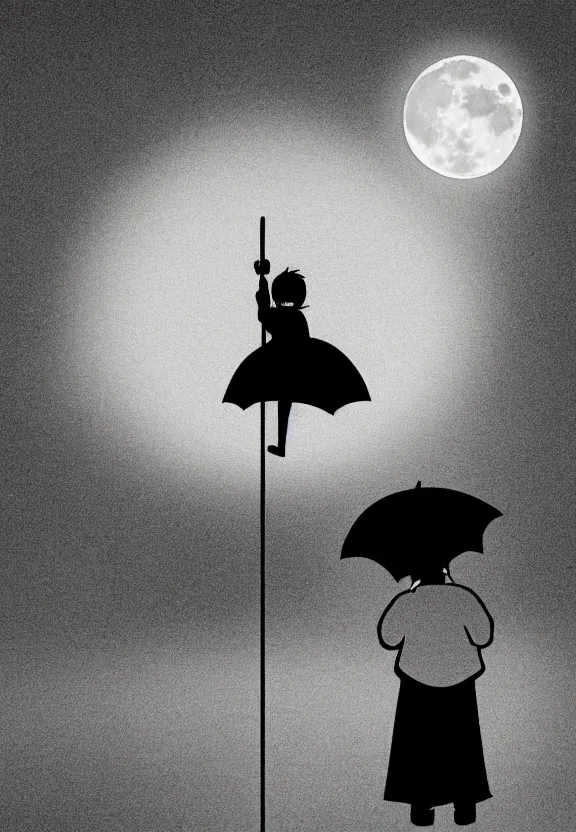 Image similar to little boy holding an umbrella in front of a bar at night, full moon, anime style, minimalist, black and white artwork,