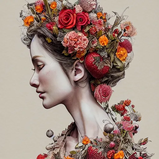 Prompt: the portrait of an absurdly beautiful, graceful, elegant, sophisticated, fashionable young woman made of strawberries and white petals looking down, an ultrafine hyperdetailed illustration by kim jung gi, irakli nadar, intricate linework, bright colors, octopath traveler, final fantasy, unreal engine 5 highly rendered, global illumination, radiant light, detailed and intricate environment