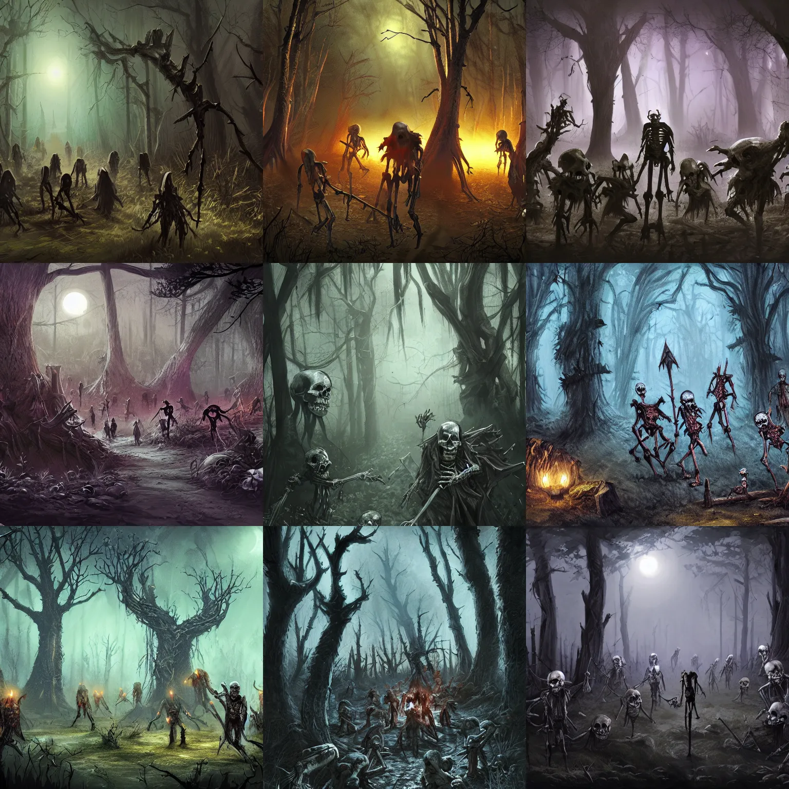 Prompt: dozens of dangerous skeletons and zombies in a forest at night, dnd, concept art, fantasy art, 4 k, artstation
