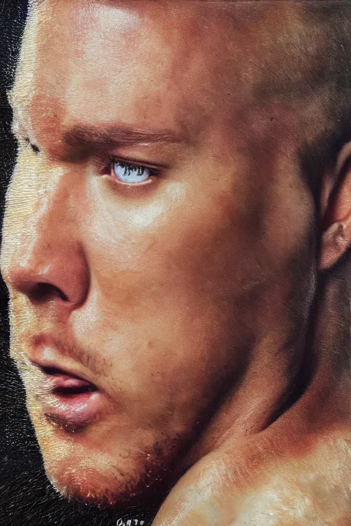 Image similar to a tater tot with channing tatum face, oil on canvas, intricate, 8 k highly professionally detailed, hdr, cgsociety