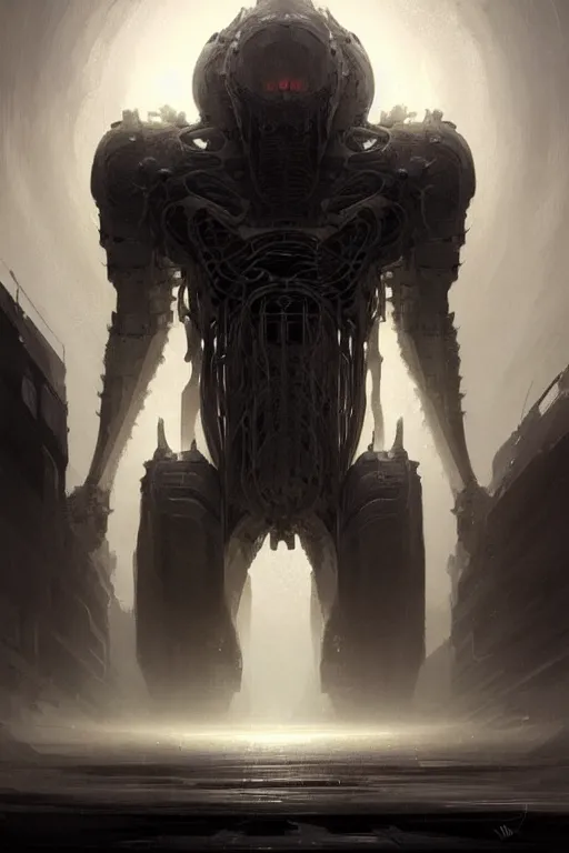 Prompt: professional concept art of a symmetrical! ominous floating mechanical steel terrifying giant monster thing in a dark room by artgerm and greg rutkowski. an intricate, space, elegant, highly detailed digital painting, concept art, smooth, sharp centred focus, illustration, cubism, in the style of cam sykes, wayne barlowe, igor kieryluk.