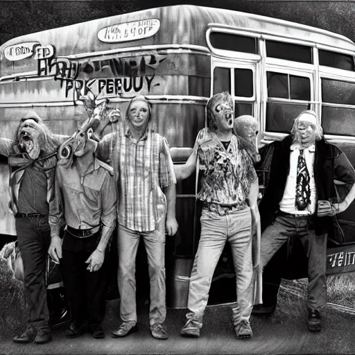 Image similar to a hyperrealistic portrait of Ken Kesey and The Merry Pranksters in front of the psychedelic Furthur bus, trending on artstation”