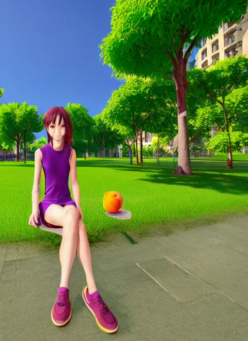 Image similar to ai 3 d girl in metaverse ; sitting in the park and holding a frog ; apricot and purple colors ; unreal engine ; wide angle ; 3 d ; highly detailed