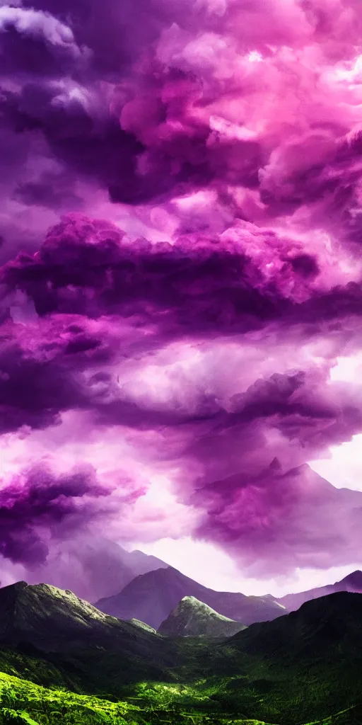 Prompt: high quality digital artwork of colorful purple red magical storm clouds around a tall mountain range