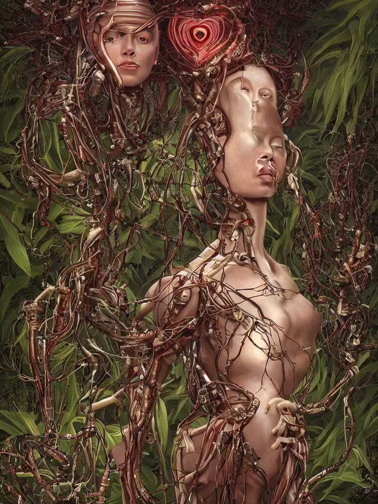 Image similar to portrait of a beautiful female android robot holding a realistic anatomical heart in her hands and crying, there are wires coming from her heart, tangled and entwined with her long flowing hair, mecha, biopunk, white xenomorph, bones, surrounded by tropical plants, painting by James C. Christensen, by Dan Witz, by tomasz alen kopera