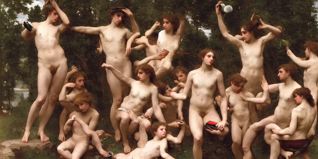 Prompt: a large group of pre - raphaelite athletic males wearing headset holding macbook! by bouguereau