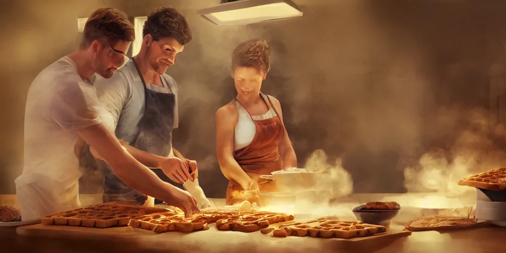 Image similar to A woman and man baking waffles together, digital art, epic lighting