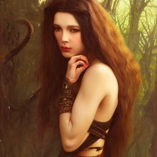 Image similar to of a beautiful brunette women intricate skin, fur, silicone cover, elegant, peaceful, full body, hyper realistic, extremely detailed, dnd character art portrait, fantasy art, intricate fantasy painting, dramatic lighting, vivid colors, deviant art, artstation, by edgar maxence and caravaggio and michael whelan and delacroix