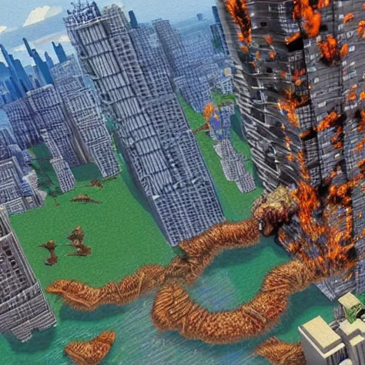 Image similar to a hyper-realistic studio oil-painting of a giant Godzilla destroying new-york in minecraft!!!!!; hyper-detailed; an extraordinary masterpiece!!!; flawless; trending on artstation