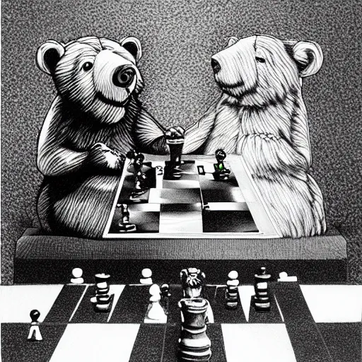 Prompt: jerry garcia and a bear playing chess, drawing by mc escher, hyper realistic, volumetric lighting