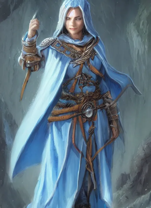 Image similar to light blue cloak female priest, ultra detailed fantasy, dndbeyond, bright, colourful, realistic, dnd character portrait, full body, pathfinder, pinterest, art by ralph horsley, dnd, rpg, lotr game design fanart by concept art, behance hd, artstation, deviantart, hdr render in unreal engine 5