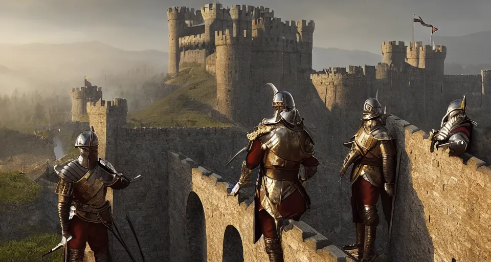 Prompt: three medieval soldiers atop a castle wall looking over a vast medieval kingdom rule by an evil king. it is a quiet morning. mist, epic, grimdark, cinematic, volumetric lighting, fantasy style, highly - detailed, unreal 5, realism