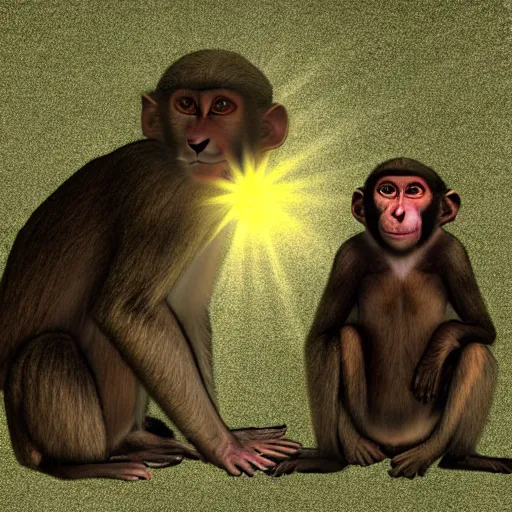 Image similar to two macaques looking at each other inside victorian mansion, digital art, soft shadows, creepy art, sun flare