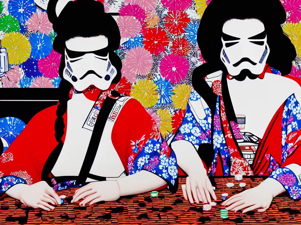 Image similar to hyperrealism composition of the detailed single woman in a japanese kimono sitting at an extremely detailed poker table with stormtrooper, fireworks, river on the background, pop - art style, jacky tsai style, andy warhol style, acrylic on canvas