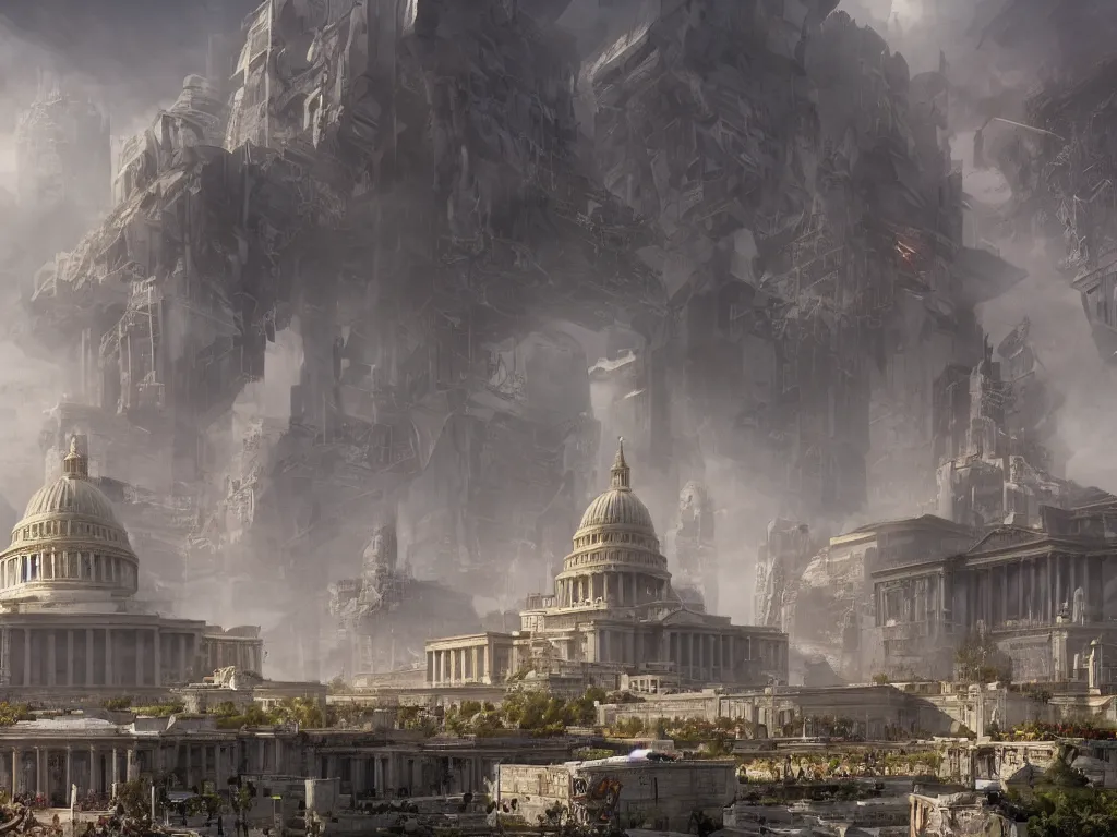 Image similar to matte painting by fan wennan and marc simonetti and jonathan solter. future capitol of the american communist party shining in the sun after the triumph of socialism in america, hyperdetailed, cinematic, photorealistic, hyperrealism, masterpiece, future communist governmental architecture, statue, imposing, strength, abundance, life. america 2 0 9 8