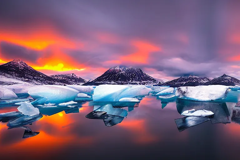 Image similar to moody landscape photography by marc adamus, greenland, sunset, ice