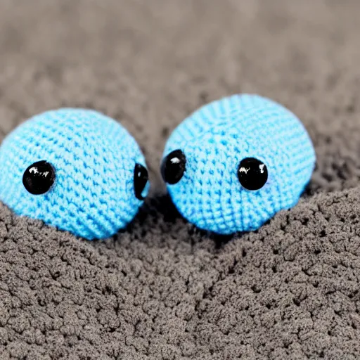 Prompt: two cute tiny fluffy light blue and light pink color spiders with short arms and big black button eyes crochet dolls standing on black sand, hyperrealistic photograph, highly detailed, tactile, close up, macro