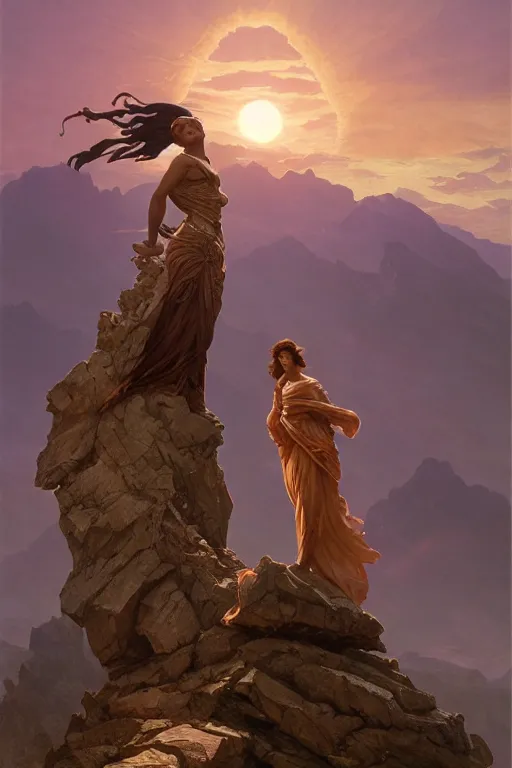 Image similar to an ultradetailed colossal magnificent mountain sized sculpture of an elegant woman, fine detail, sunrise on the horizon in the background, stone hand raised up, 8 k, art by greg rutkowski and alphonse mucha and andreas rocha and albert bierstadt