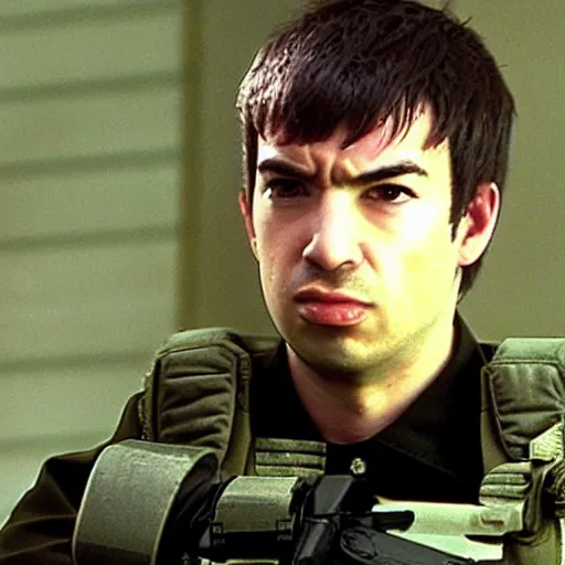 Prompt: “a still of Nathan Fielder in Metal Gear Solid 2 (2001)”