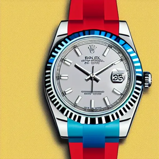 Image similar to Rolex Datejust baby toy made of colorful plastic by Fisher Price, close up, photo