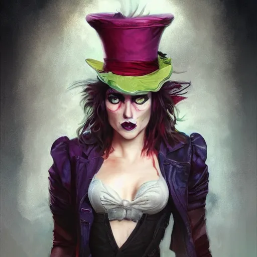 Prompt: realistic, full body portrait, attractive punk female mad hatter, by Jordan Grimmer and greg rutkowski, crisp lines and color,