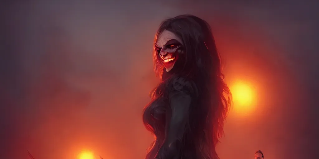 Image similar to a vampire girl smiling mysteriously standing in heavy mist, red glowing eyes, golden hour, fantasy, sharp focus, digital art, hyper realistic, 4 k, unreal engine, highly detailed, hd, dramatic lighting by brom, trending on artstation